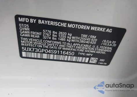 2025 BMW X3 M50 xDrive из США, поврежденный, VIN 5UX73GP04S9116450